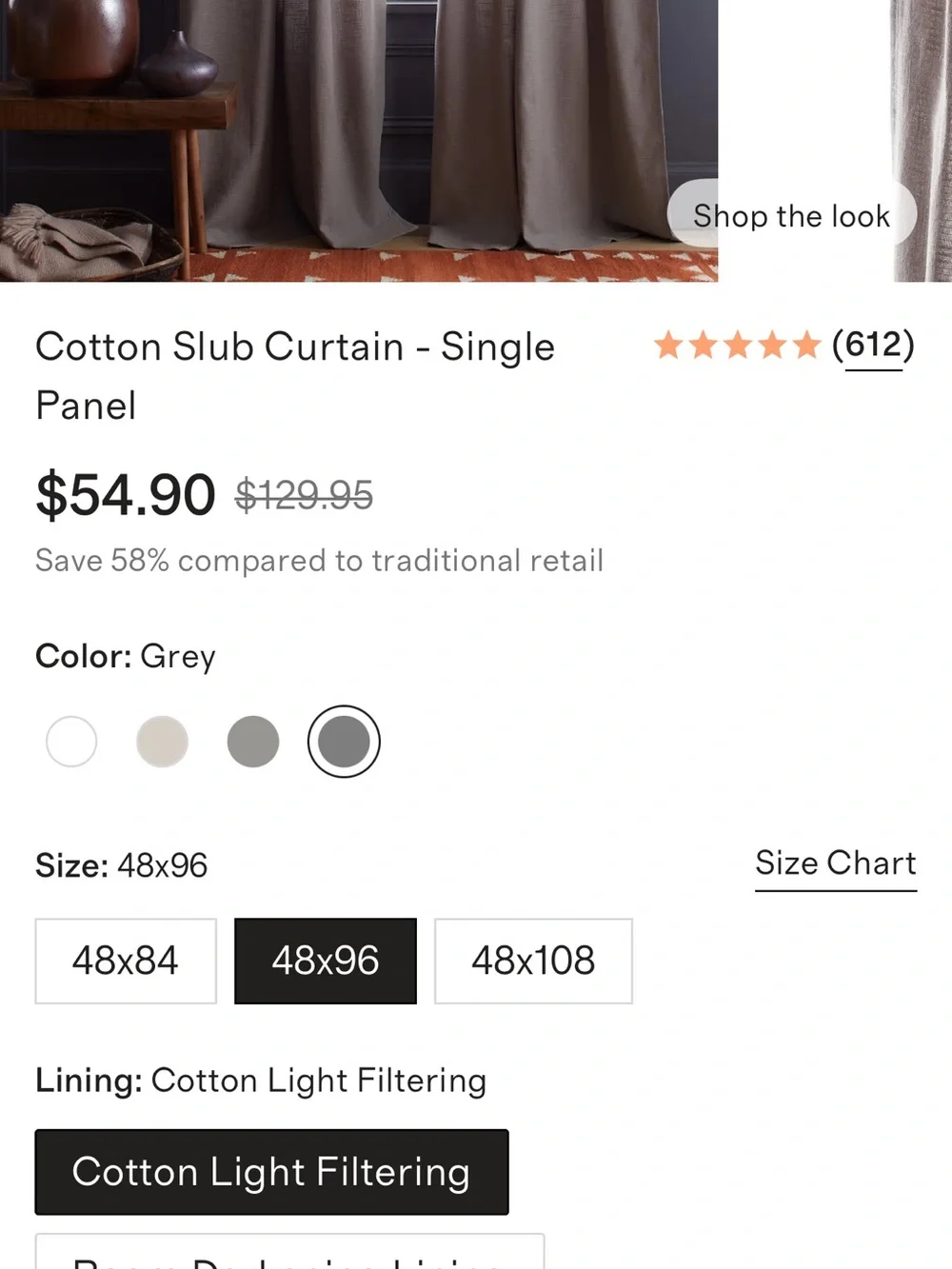 Grey Cotton Slub Lined Curtain Panel 48x96 - Retail $55